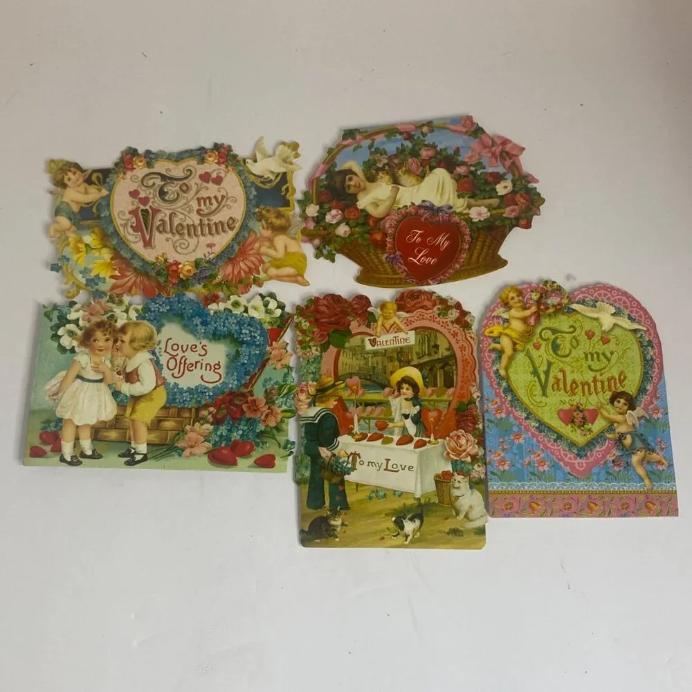 Punch Studio Victorian Valentine Cards Envelopes Lot Cats Dogs Cherubs‎ Flowers